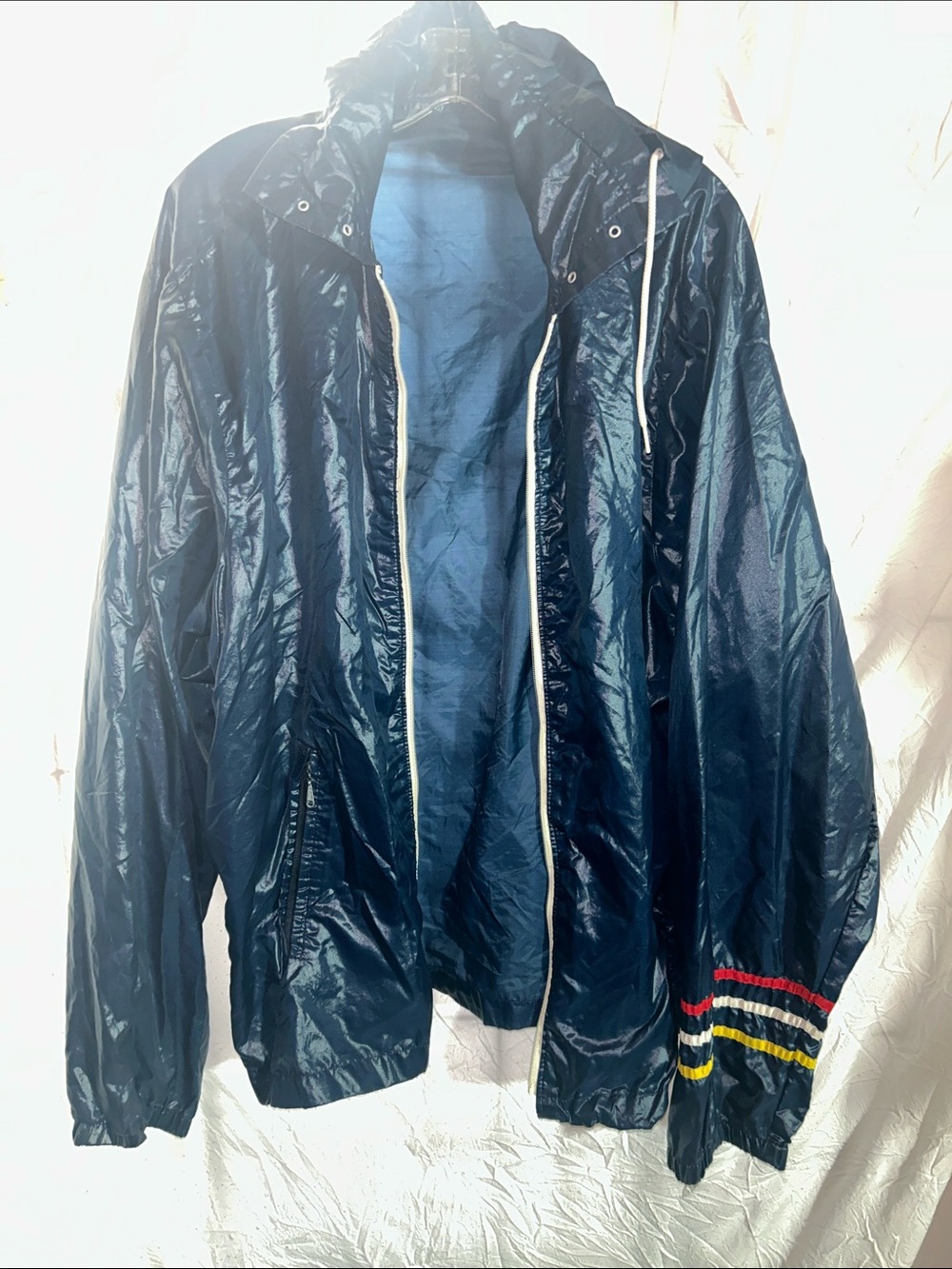 Vintage Men's Navy Windbreaker Jacket with Striped Cuff Detail with hood